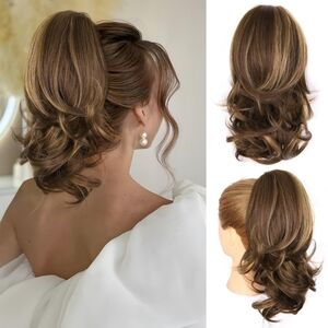 Clip-In Ponytail‎ Extension 14” Chestnut Brown w/ Golden Highlights Curly Wavy